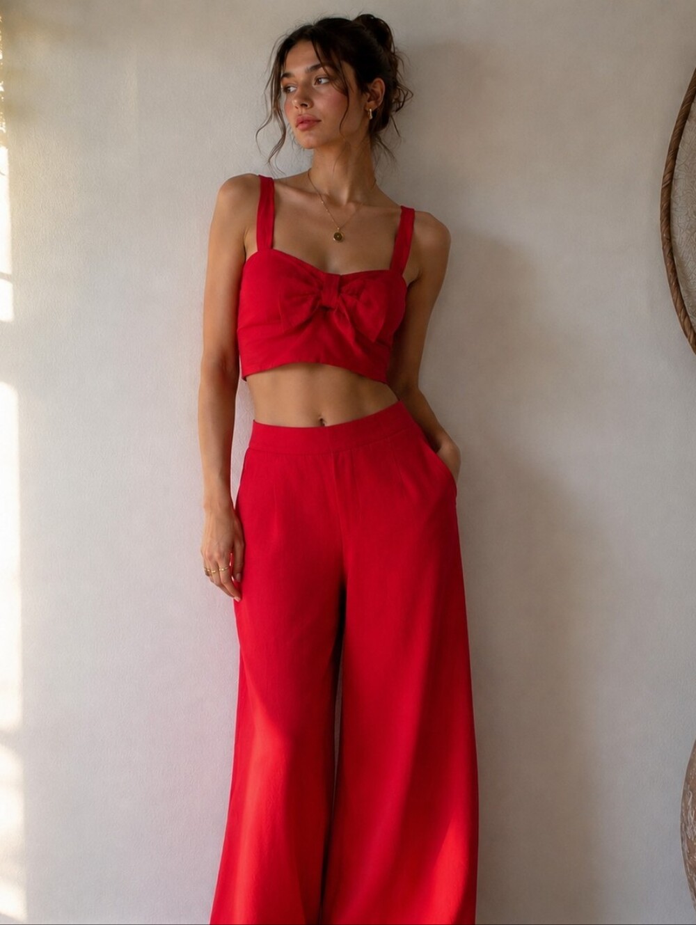 Matching 2 Piece Set Red Crop Top Wide Leg Pants Summer Travel Small Cottagecore